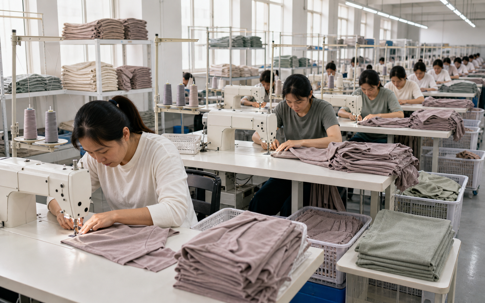 Bulk production sewing line for sleepwear and loungewear